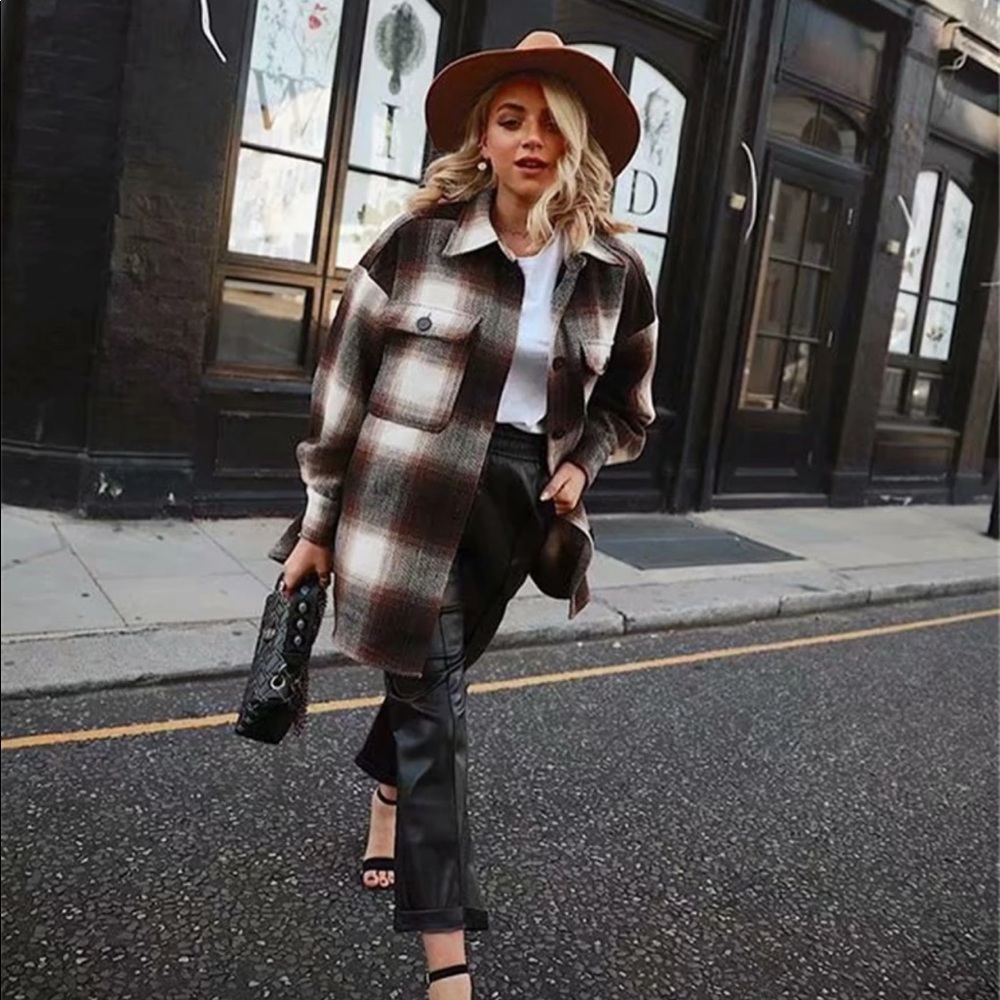Boyfriend Fit Plaid Jacket Coat Brown Trucker - Picture 2 of 16